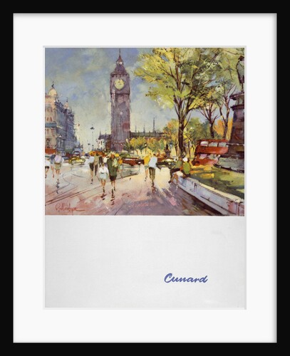 Front cover of Cunard menu featuring Big Ben and a red London bus by unknown