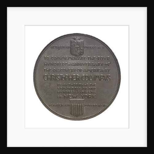 Medal commemorating Christopher Columbus (1451-1506) and the discovery of America, 1492; reverse by G.F. Naegele