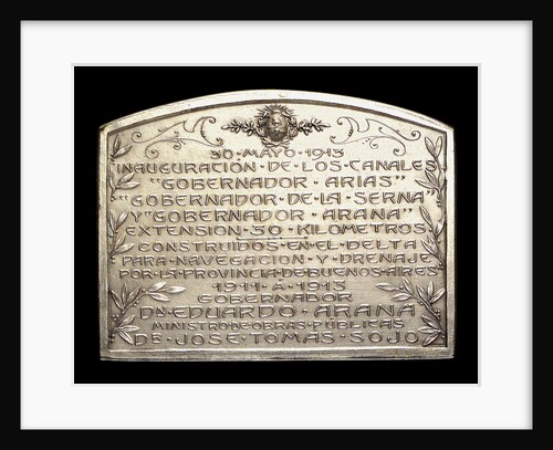 Plaque commemorating the inauguration of the canals Arias La Seina and Arana for navigation, 1913; reverse by J. J. Gottuzzo & Ca.