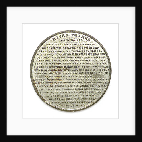 Medal commemorating the SS 'Great Britain', experimental voyage from Bristol to London, 1845; reverse by unknown