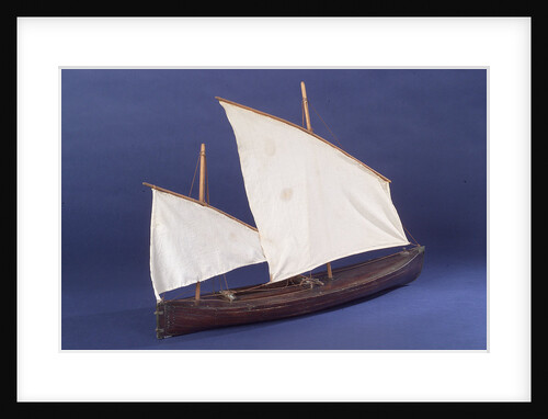 Full hull model, two masted open boat, starboard stern quarter by unknown