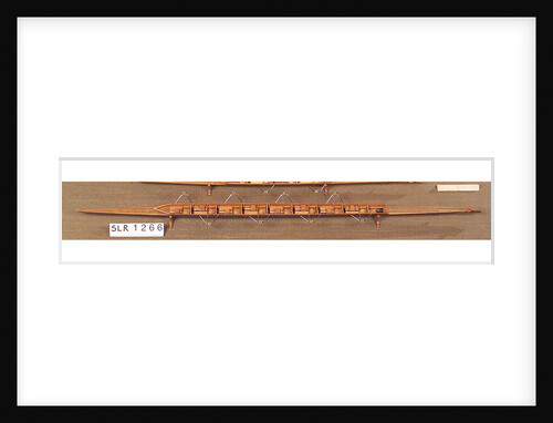 Full hull model, 8 oared racing vessel, port broadside by unknown