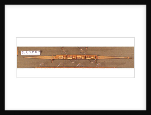 Full hull model, racing four shell, port broadside by unknown