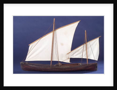 Full hull model, two masted open boat, port broadside by unknown