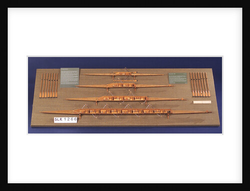 Full hull model, 8 oared racing vessel, port broadside by unknown