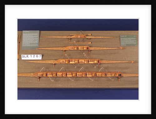 Full hull model, racing four shell, port broadside by unknown