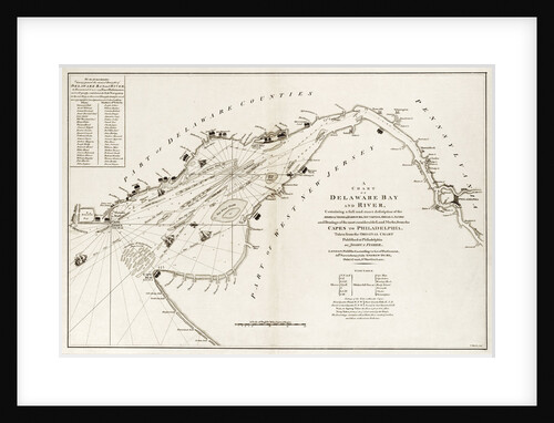 A chart of Delaware Bay and river, containing a full and exact description of the shores, creeks, harbours, soundings, shoals, sands and bearings of the most considerable land marks, from the Capes to Philadelphia by Andrew Dury