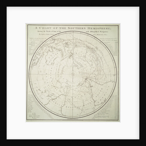 Chart of the Southern Hemisphere showing pre-Cook journeys and discoveries by James Cook