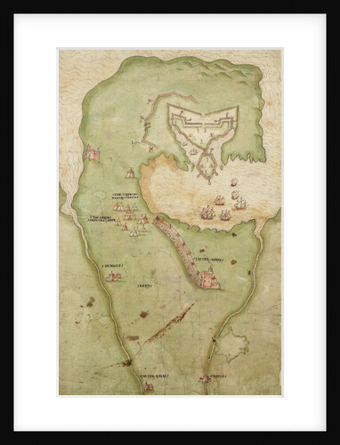 Map of Smerwick, Ireland, showing the English earthwork with two guns for attacking the Spanish fort and English soldiers marching out of Castell More by unknown