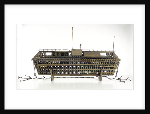 Design model, refuge asylum, broadside, with mooring chains by unknown