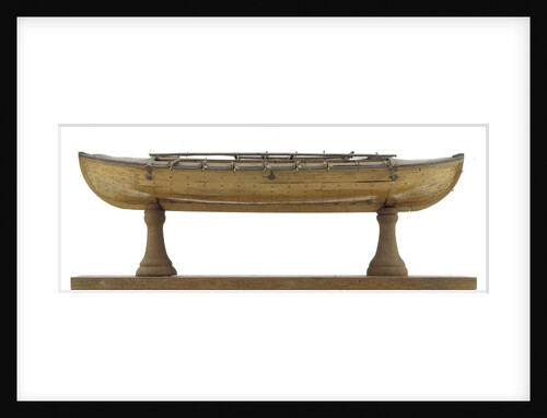 Full hull model, 16-oar outrigger lifeboat, port broadside by unknown