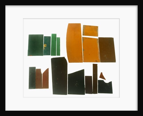 Eighteen pieces of coloured glass (five amber, three crimson, four dark green, six purple) in a bag by unknown