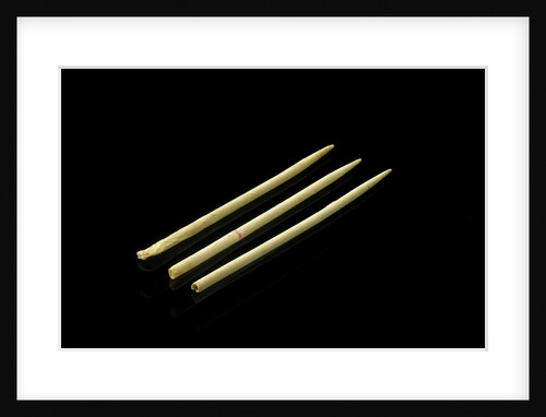 Three paper 'cocktail sticks', one still has a needle in it by unknown