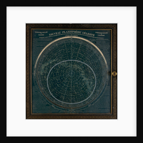 A planisphere printed in white on a dark blue background by Leon Jaubert
