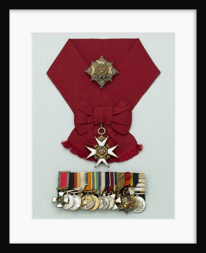 Medals awarded to Admiral of the Fleet, Earl David Beatty, on a presentation board, including a Sash, Badge and Star, and a bar of 14 medals, (left to right) MED2214-27 by unknown