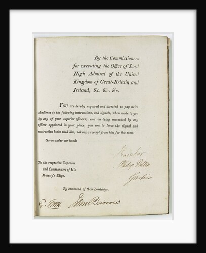 Title page of signal book, with signatures, including Hardy's by Admiralty