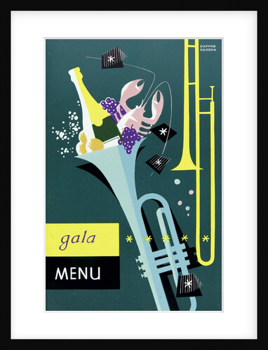 Front cover of gala menu from SS 'Strathmore', depicting trumpet and champagne by Daphne Padden