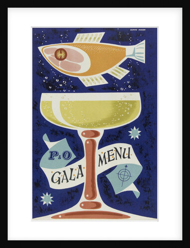Front cover of P&O gala menu, depicting fish and glass by Daphne Padden