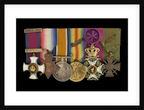 Medals on bar (obverse, left to right): Distinguished Service Order, 1914-15 Star; British War Medal 1914-1918; Victory Medal 1914-1918; Order of Leopold, 4th class (military); Croix de Guerre 1914-1918 by W. Wyon