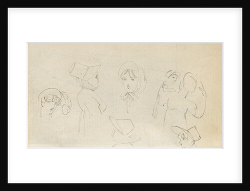 A woman in a turban, four sketches of a woman in a bonnet and a woman carrying a child (verso) by Thomas Baxter