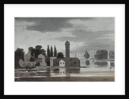 Buildings viewed over a lake or river (verso) by Thomas Baxter