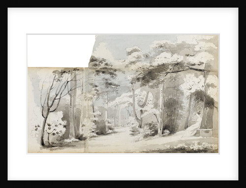A young woman, perhaps Charlotte Nelson, seated in an arbour in a wooded landscape by Thomas Baxter