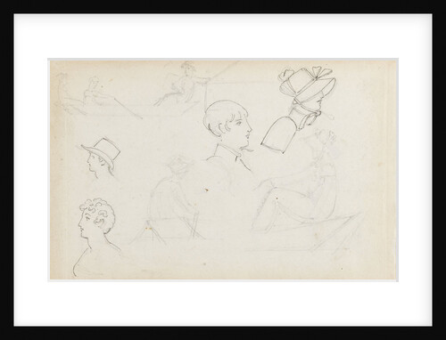 Studies of young women rowing and of heads in profile (recto) by Thomas Baxter