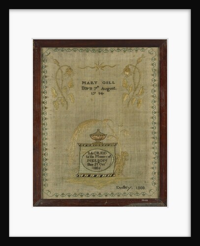 A mourning sampler framed in oak by Mary Gill