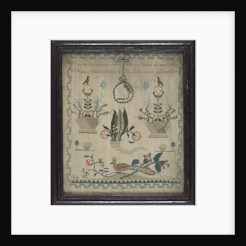 Framed and glazed linen sampler by Mary Lupson