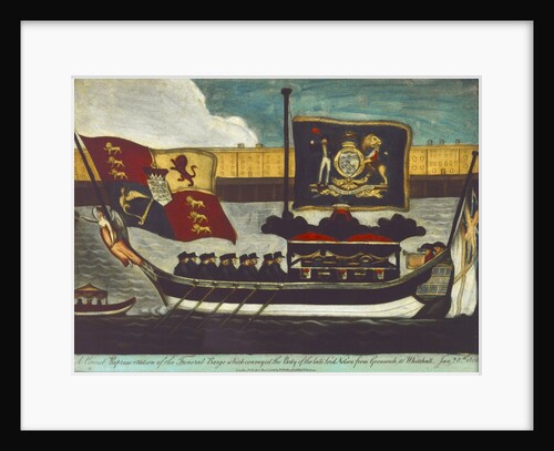 Picture on glass: 'A Correct Representation of the Funeral Barge which conveyed the Body of the Late Lord Nelson from Greenwich to Whitehall Jany. 8th. 1806.' by W.B. Walker