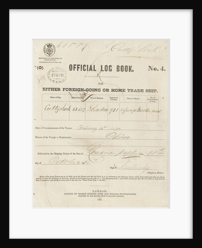 Official logbook of 'Cutty Sark' (1869) recording a voyage from London to China in 1870 under the command of Captain Moodie by unknown
