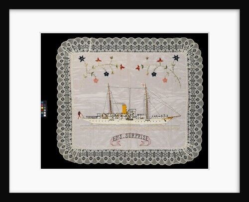 An embroidered silk cushion, showing HMS 'Surprise' by unknown