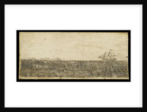 A whalebone panel engraved with a scene showing a whaling vessel in full sail on the horizon by unknown