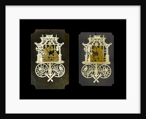 A pair of bonework plaques depicting fretwork Chinese pavilions by Ernest Edwin Russell