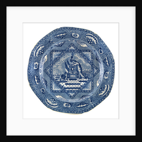 Octagonal blue transfer-printed commemorative plate by unknown