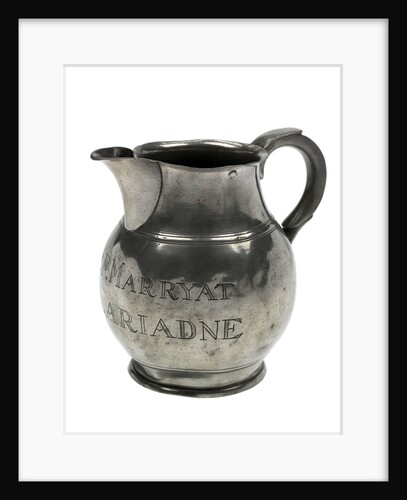 Pewter ale jug said to have been owned by Frederick Marryat (1792-1848), naval officer and novelist, but with bogus inscriptions and marks by unknown