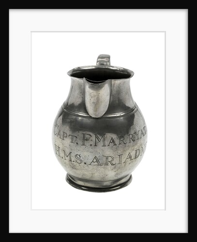 Pewter ale jug said to have been owned by Frederick Marryat (1792-1848), naval officer and novelist, but with bogus inscriptions and marks by unknown