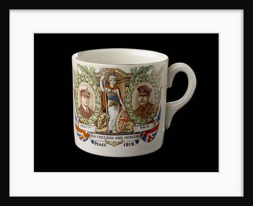 White mug printed in colour in commemoration of the Peace ending World War I by unknown