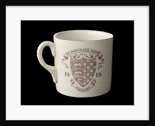White mug printed in colour in commemoration of the Peace ending World War I by unknown