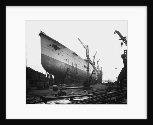 Bow view of the 'Aquitania' (1914) on the stocks by Bedford Lemere & Co.