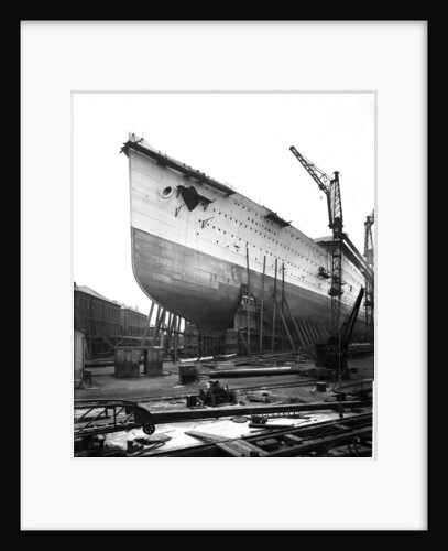 Bow view of the 'Aquitania' (1914) on the stocks by Bedford Lemere & Co.