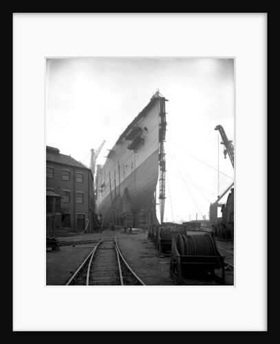 Bow view of the 'Aquitania' (1914) on the stocks by Bedford Lemere & Co.
