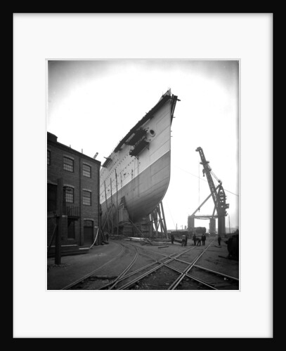 Bow view of the 'Aquitania' (1914) on the stocks by Bedford Lemere & Co.