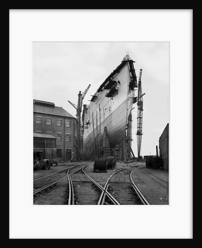 Bow view of the 'Aquitania' (1914) on the stocks by Bedford Lemere & Co.