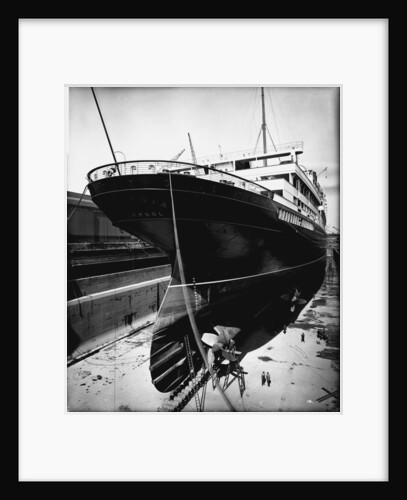 Stern view of the 'Aquitania' (1914) in drydock by Bedford Lemere & Co.