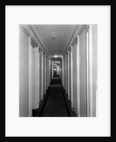 Corridor in First Class accommodation on the 'Aquitania' (1914) by Bedford Lemere & Co.