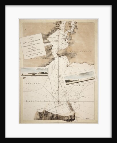 A chart of New York Harbour with the soundings views of land marks and nautical directions for the use of pilotage. Composed from surveys and observations of Lieutenants John Knight John Hunter of the Navy and others. by J. F. W. Des Barres