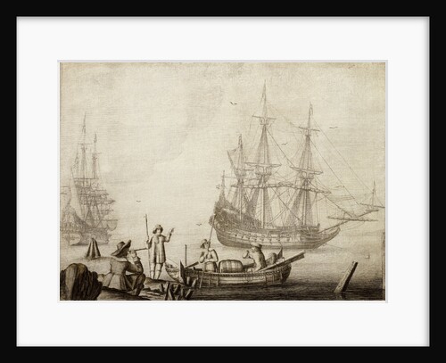 Men in a boat near two Dutch ships by Experiens Sillemans
