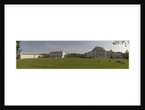Panoramic view of National Maritime Museum, Queen's House and the Royal Observatory (ROG), with visitors on lawns by National Maritime Museum