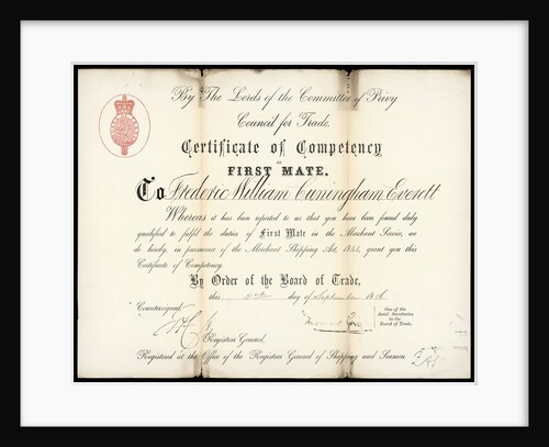 Certificate of Competency for First mate, Frederick William Cunningham Everett by unknown